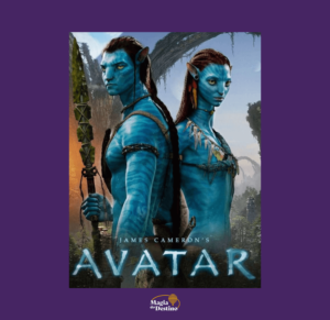 Filme de animação realista com personagens azuis que protegem a floresta dos humanos que querem destruir. Avatar.